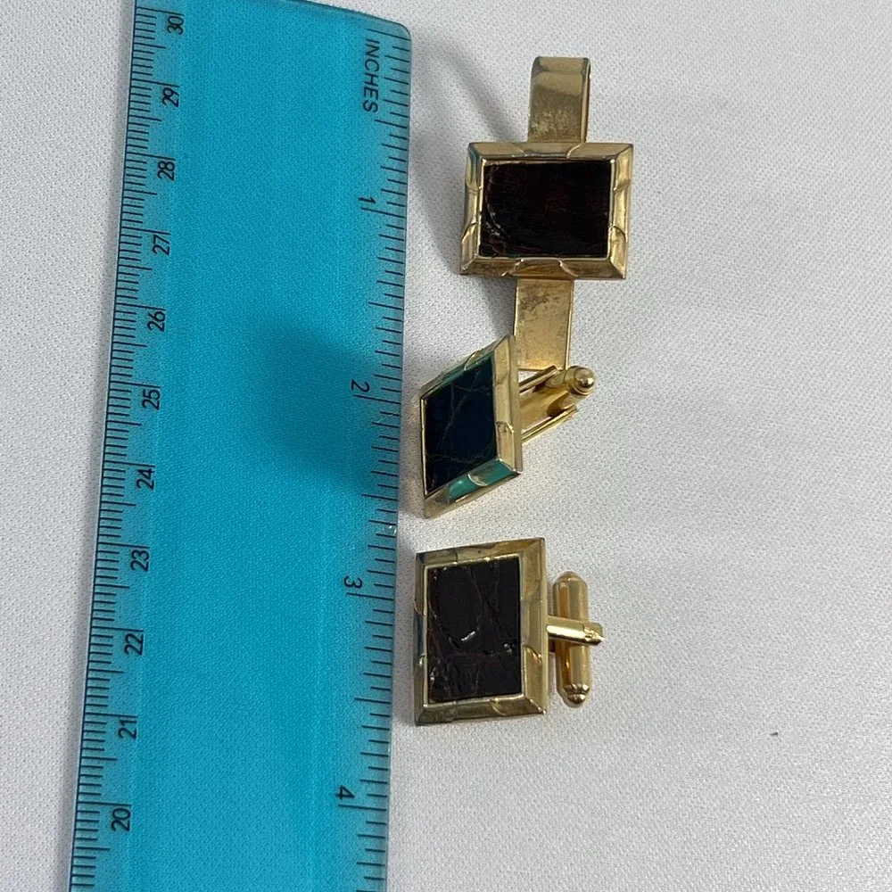 Vintage Wales Cuff Links Tie Tack Metal Textured Gold Tone Squared Leather Set